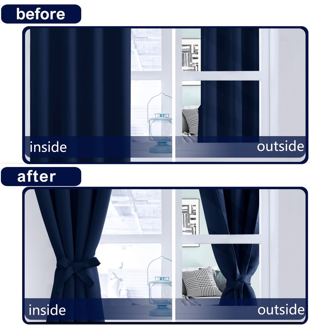 Hiasan Navy Blue Curtains 63 Inch Long Sewn With Tiebacks, Rod Pocket & Back Tab Blackout Thermal Insulated Nursery Drapes, Room