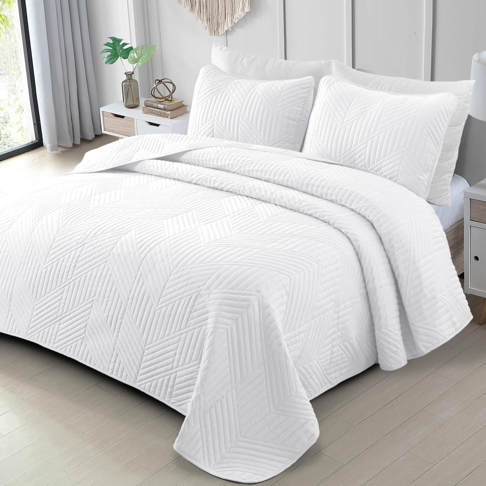 Exclusivo Mezcla Ultrasonic Full Queen Quilt Bedding Set, Lightweight White Bedspreads Soft Modern Geometric Coverlet Set For Al