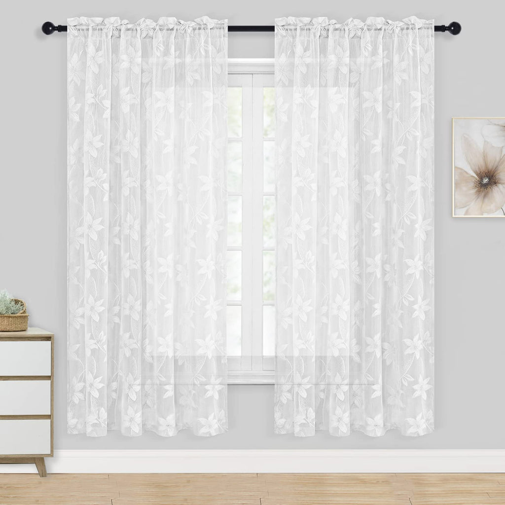 Dwcn White Sheer Curtains - 63 Inch Length Floral Lace Rod Pocket Window Voile Sheer Drapes For Living Room Bedroom Elegant Curt