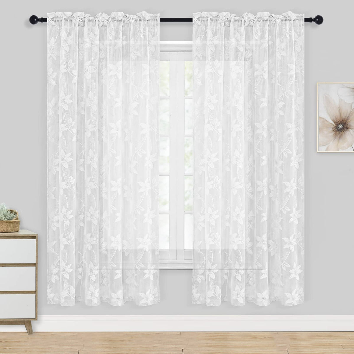 Dwcn White Sheer Curtains - 63 Inch Length Floral Lace Rod Pocket Window Voile Sheer Drapes For Living Room Bedroom Elegant Curt
