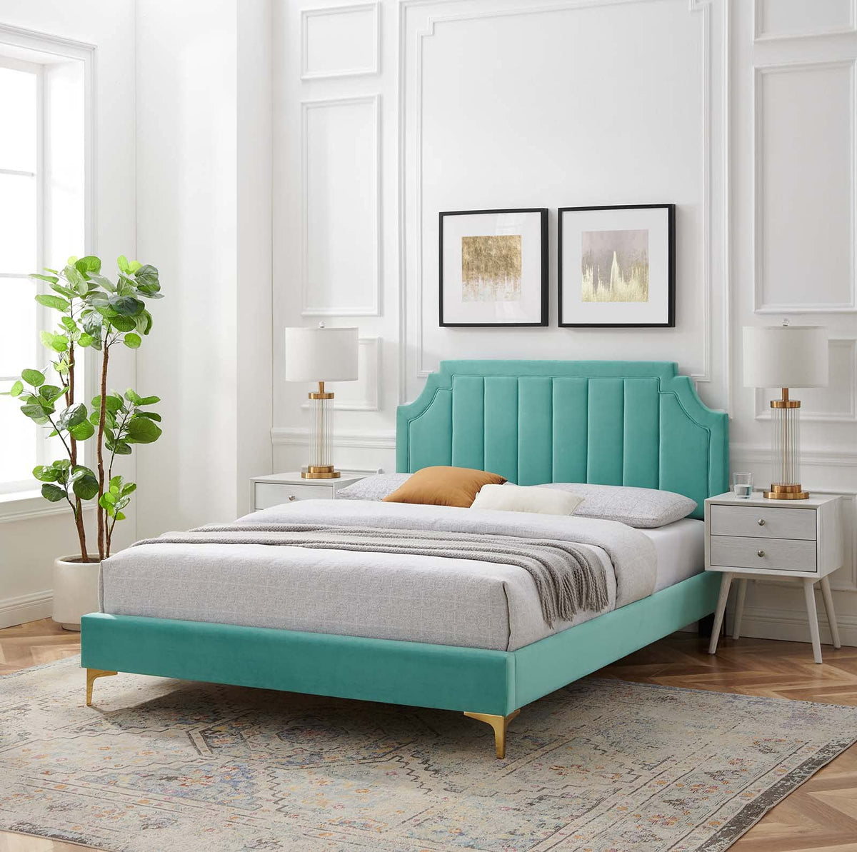 Sienna Performance Velvet Queen Platform Bed in Mint