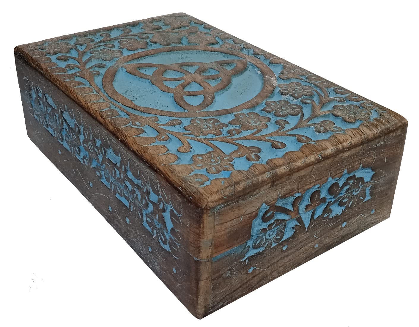 Purpledip Wooden Decorative Box Triskelion: Handcarved Intricate Design, Vintage Blue (12345A)