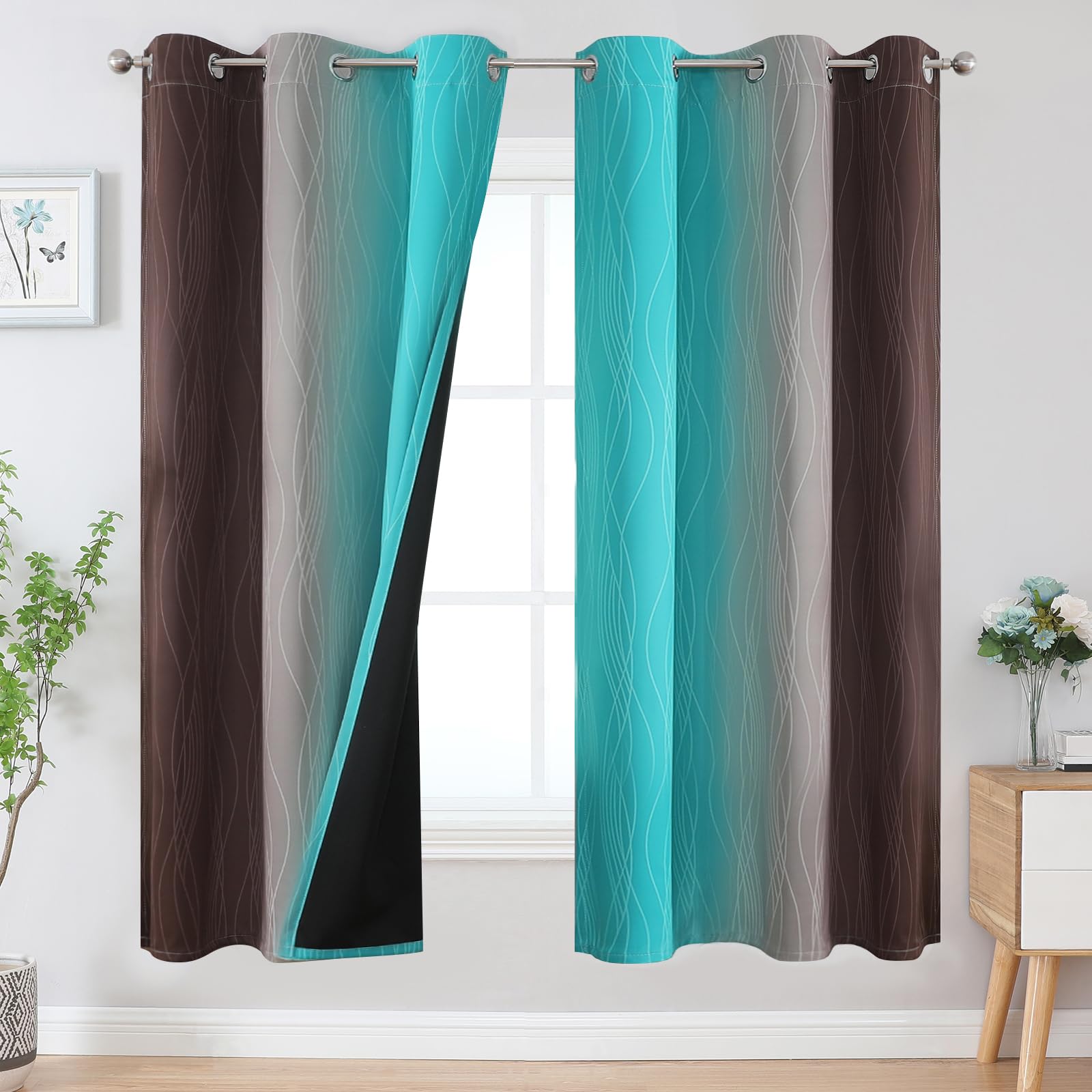 Estelar Textiler Brown And Teal Ombre Blackout Curtains 72 Inches Length For Bedroom, Thermal Insulated Light Blocking Grommet G