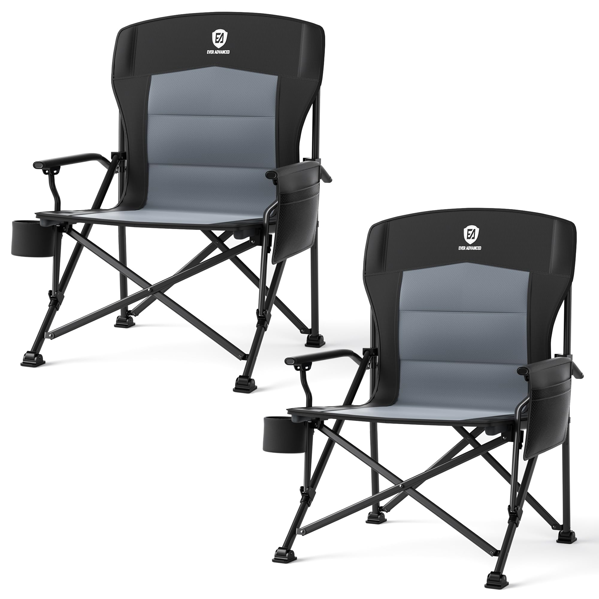 EVER ADVANCED Oversized Folding Camping Chair for Adults, Heavy Duty Lawn Chair with Side Pockets, Portable Collapsible Quad Cha