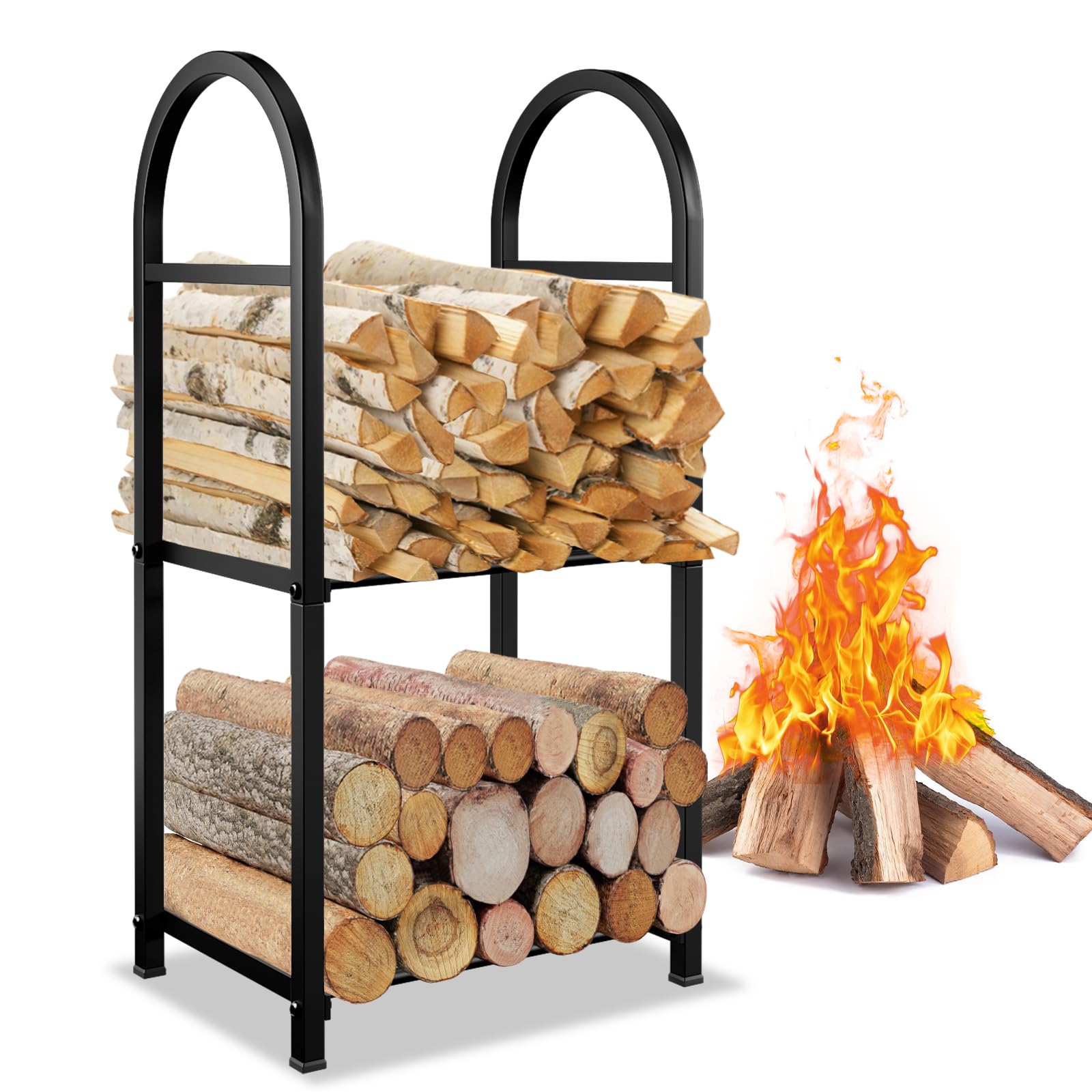 Greener 2 Tiers Firewood Rack Indoor - Portable Outdoor Wood Holder, Classical Sturdy Firewood Log Storage Rack Stand For Firepl
