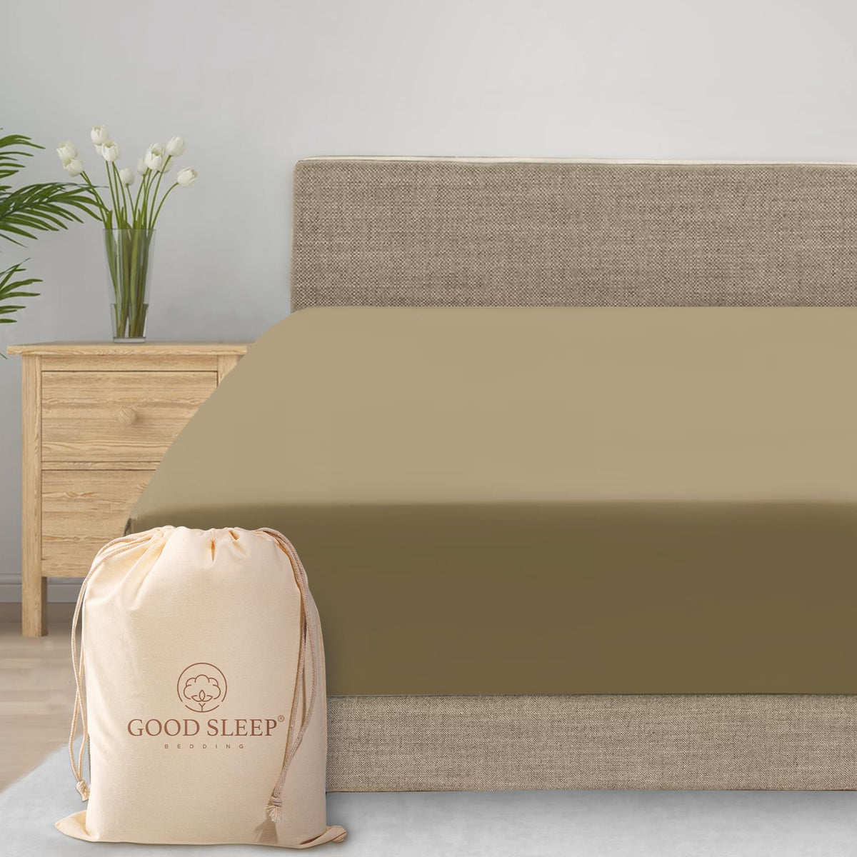 1 Piece Taupe Twin Xl Fitted Sheet, Upto 16 Inch Deep Pocket Twin Xl Sheets, 800 Tc 100% Egyptian Cotton Fitted Sheet Only, Soft