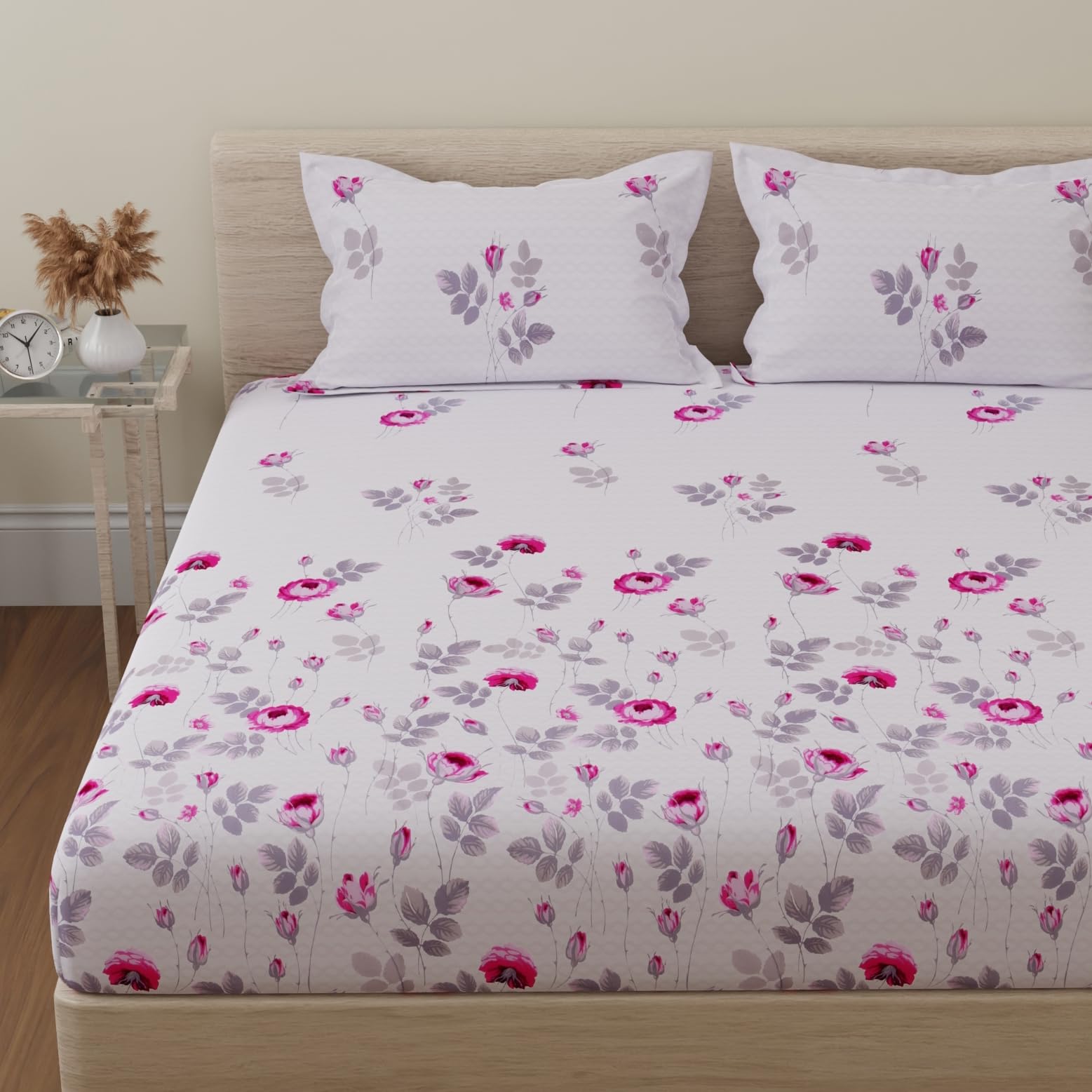 Huesland By Ahmedabad Cotton 144 Tc Double Bedsheet Cotton With 2 Pillow Covers | White & Pink