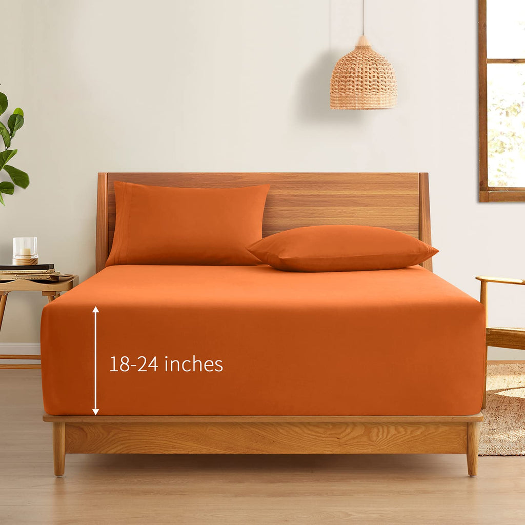 Horbaunal Extra Deep Pocket Full Fitted Sheet Only - Fits Up To 24 Inch Mattress - Luxury 1800 Thread Count - Microfiber Burnt O
