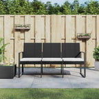 vidaXL 3-Seater Patio Bench with Cushions - Black Polypropylene Rattan, Powder-Coated Steel Frame, Armrests, Backrest, Comfortable Seating for Three
