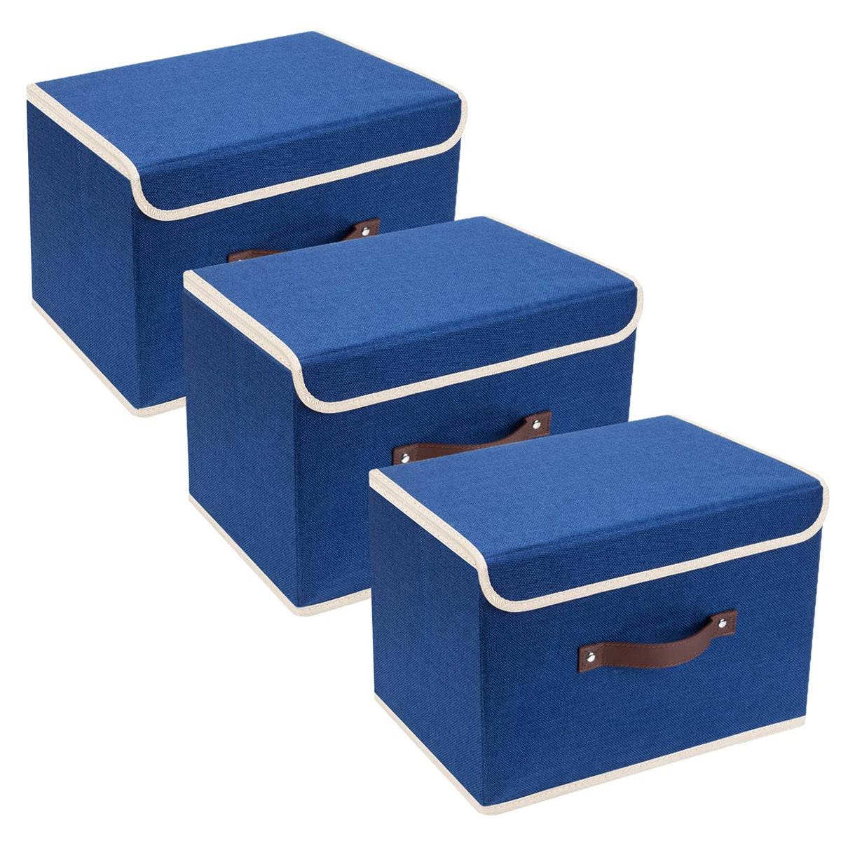 TYEERS Collapsible Storage Boxes, Washable Fabric Storage Bins with Lids, 14.9x9.8x9.8 inches, 3 Pack, Classic Blue