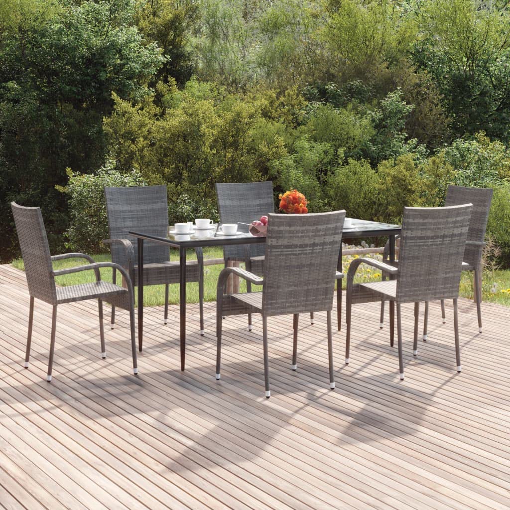 vidaXL Modern Patio Dining Set - 7-Piece Outdoor Furniture Set - Weather-Resistant Poly Rattan Construction - Gray Chairs with Tempered Glass Table