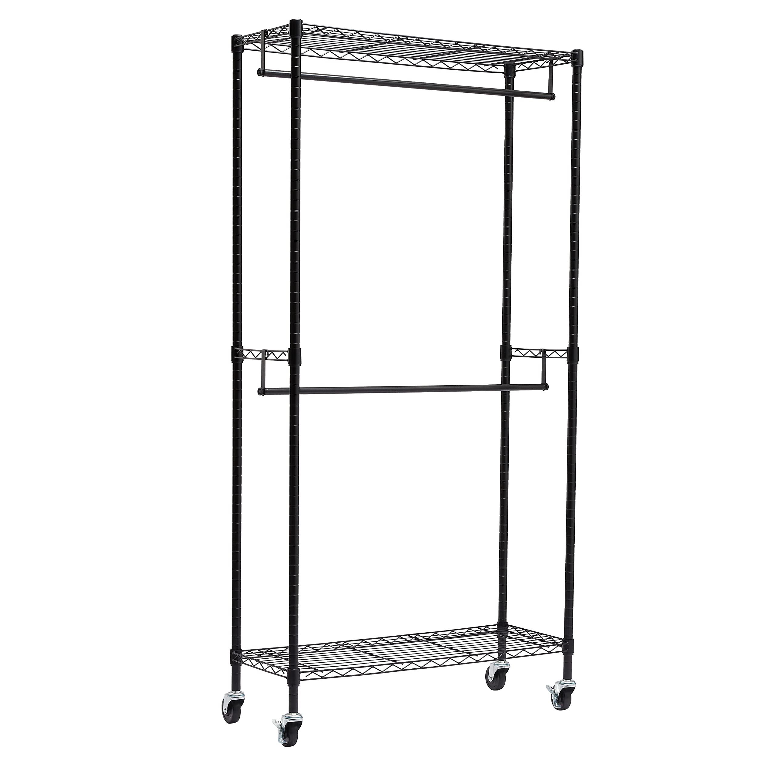 Amazon Basics Adjustable, Double Hanging Rod Garment Rolling Closet Organizer Rack with Wheels, Heavy Duty, Black, 36 x 14 x