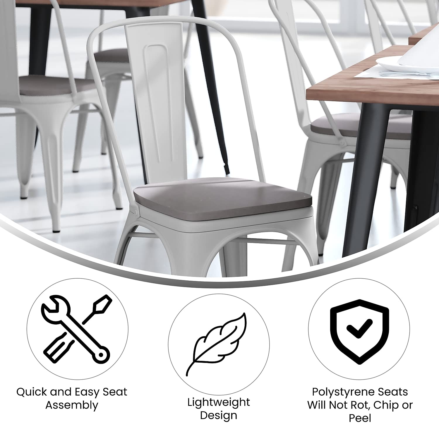 Flash Furniture Perry Indoor/Outdoor Commercial Stackable Chair with Polystyrene Metal Frame Gray Poly Resin Rounded Seat Edges for Comfort, 20" D x 18" W x 33" H, White