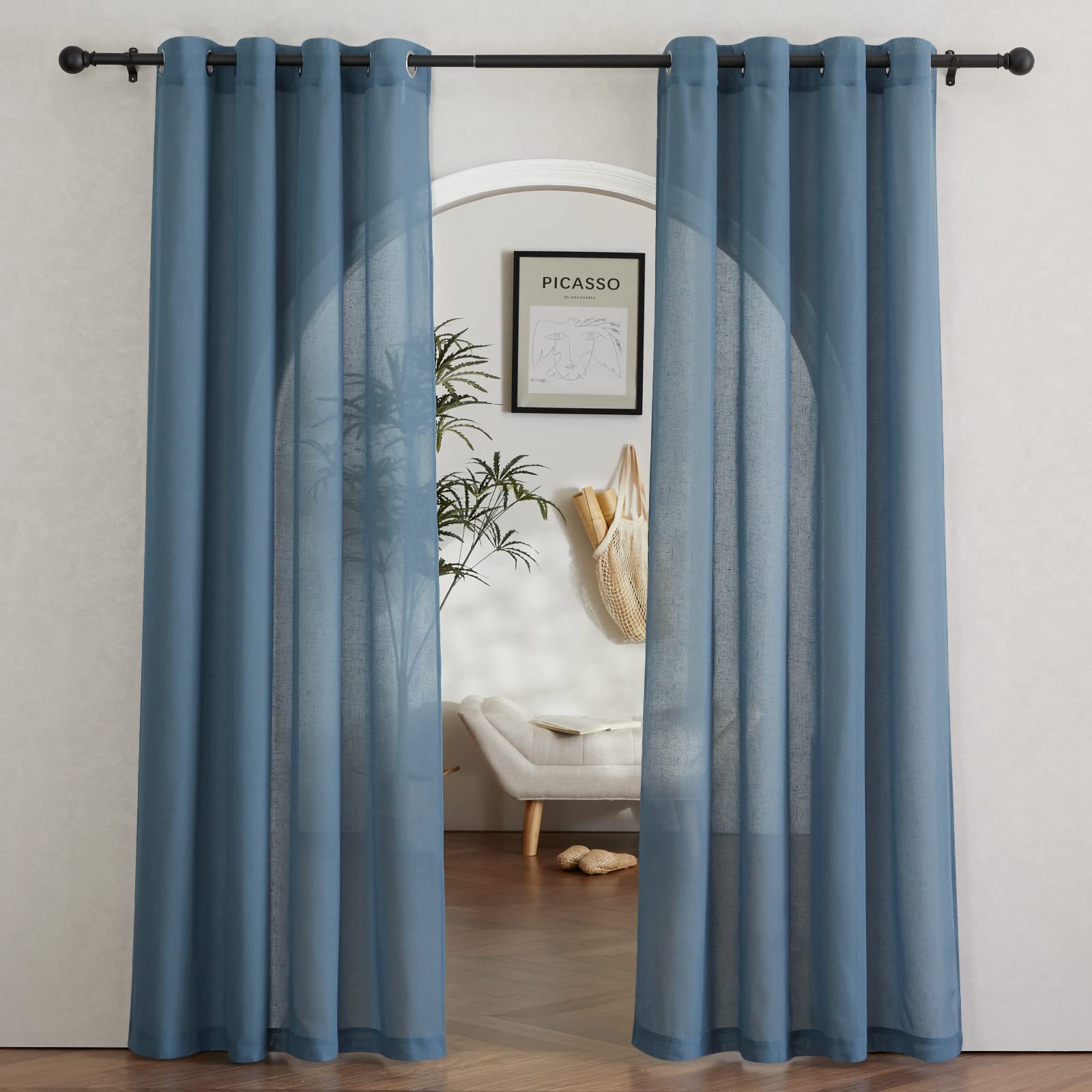 Nicetown Flax Linen Sheer Curtains For Living Room, (Stone Blue) Grommet Vertical Drapes Semi Sheer Linen Curtains Privacy With