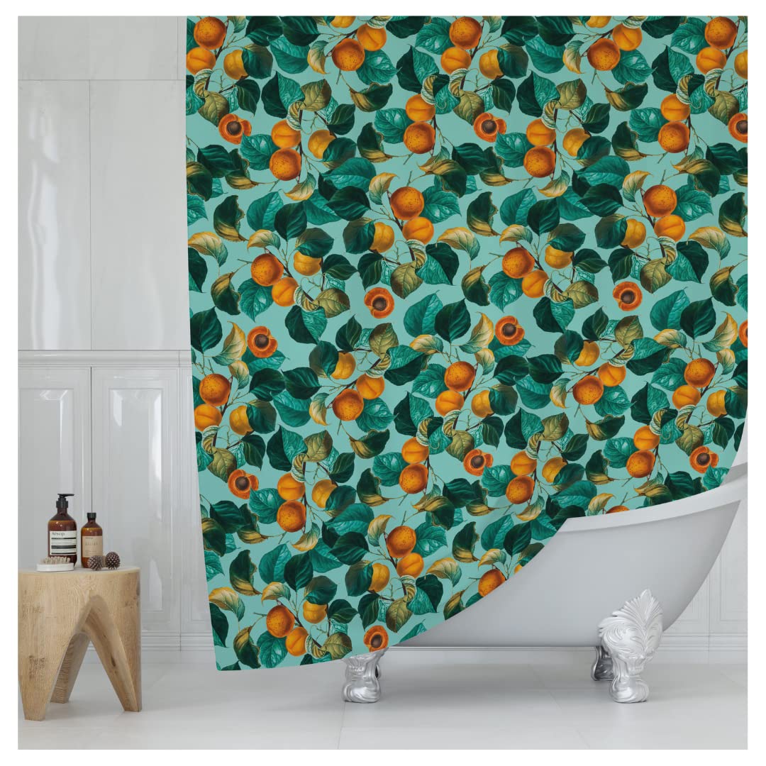 Teal Apricot Leaf Print Shower Curtain - Colorful Botanical Fruit Floral Pattern - Modern Home Decor - Bold Colorful Hotel Style