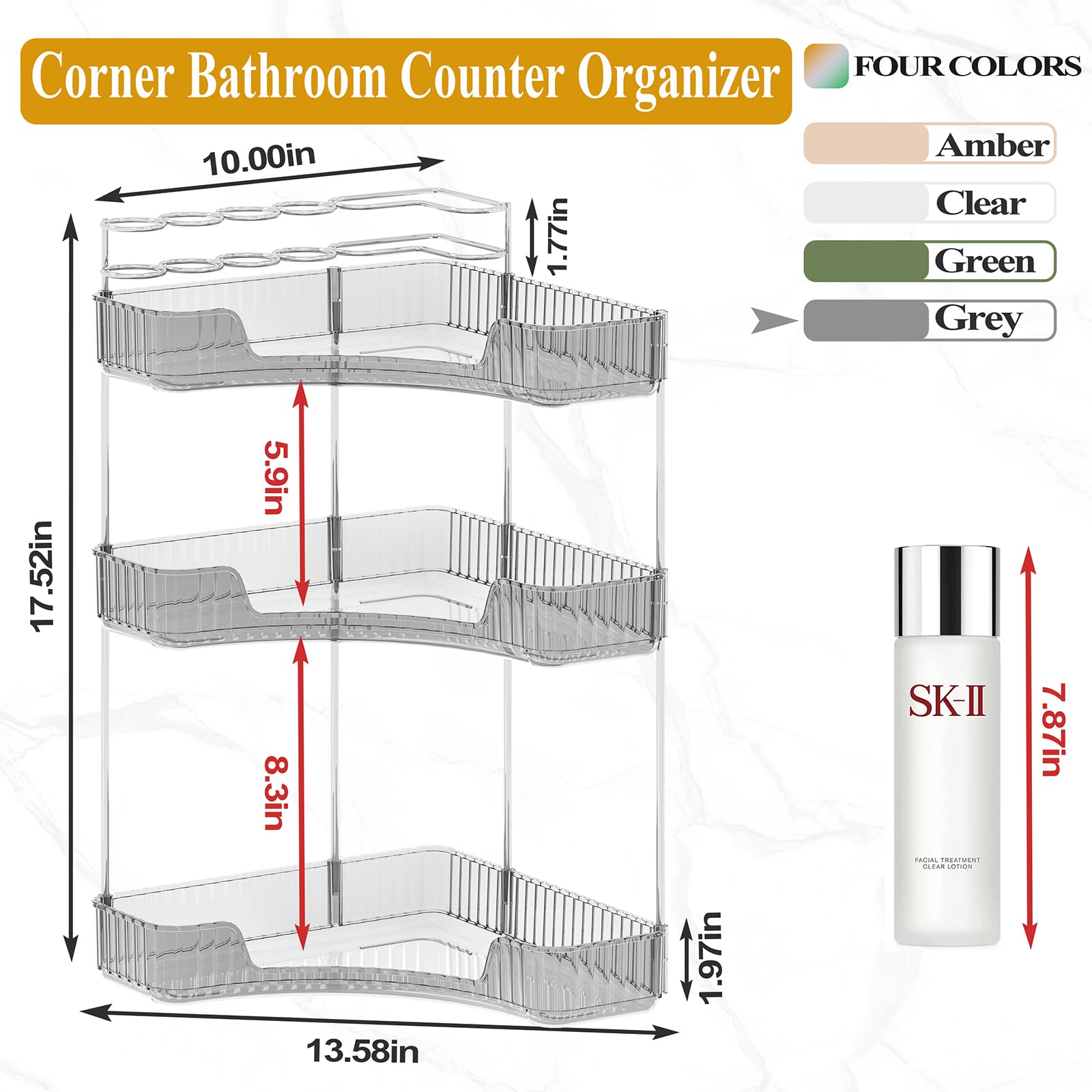 Sunzos Modern 3-Tier Bathroom Organizer, Corner Makeup Storage With Brush Holder, Acrylic Vanity Organizer, Large Capacity Count