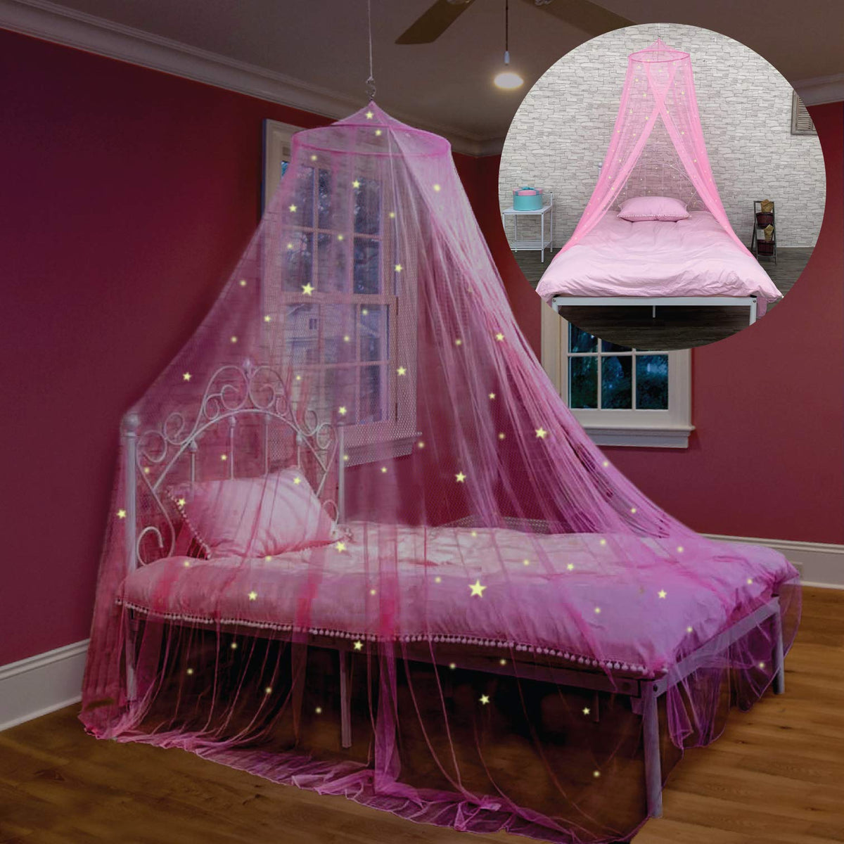 Bollepo Pink Bed Canopy For Girls With Glowing Stars - Princess Netting Room Decor, Ceiling Tent To Cover Toddler | Single, Twin
