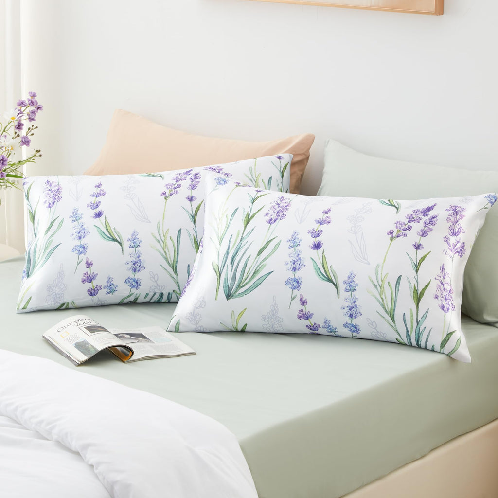 Exq Home Satin Pillowcase For Hair And Skin - Lavender Printed Silk Pillowcase 2 Pack 20X26 Inches - Standard Size Satin Pillow