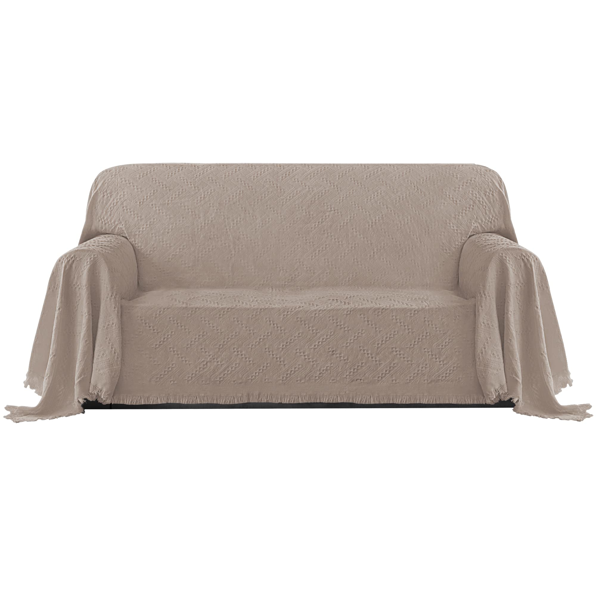 Purefit Geometric Jacquard Throw Sofa Cover - Textured Soft Washable Decorative Couch Covers For 3 Cushion Couch, Throw Cover With Tassels Furniture Protector For Pets, Kids (Medium, Camel)