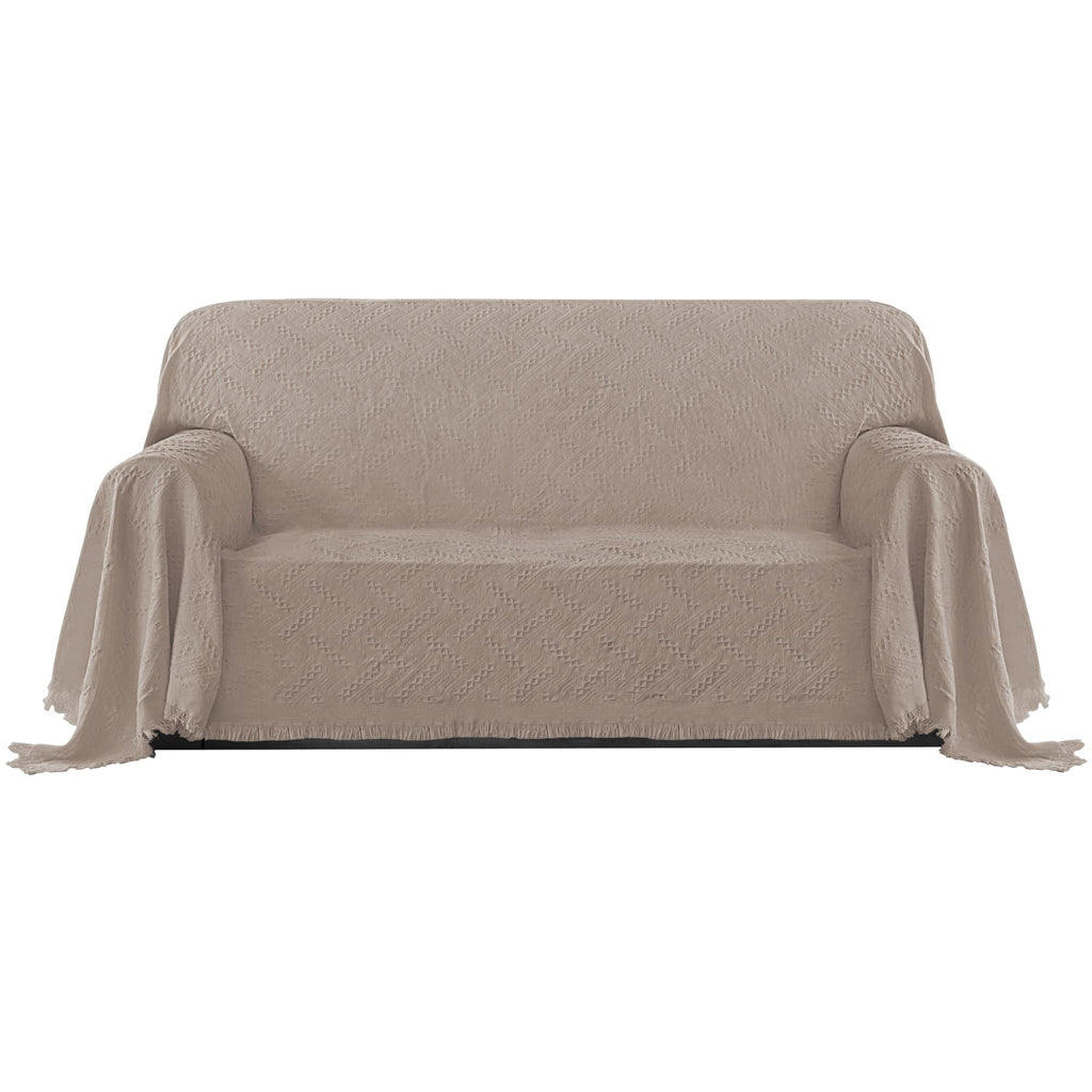 Purefit Geometric Jacquard Throw Sofa Cover - Textured Soft Washable Decorative Couch Covers For 3 Cushion Couch, Throw Cover With Tassels Furniture Protector For Pets, Kids (Medium, Camel)