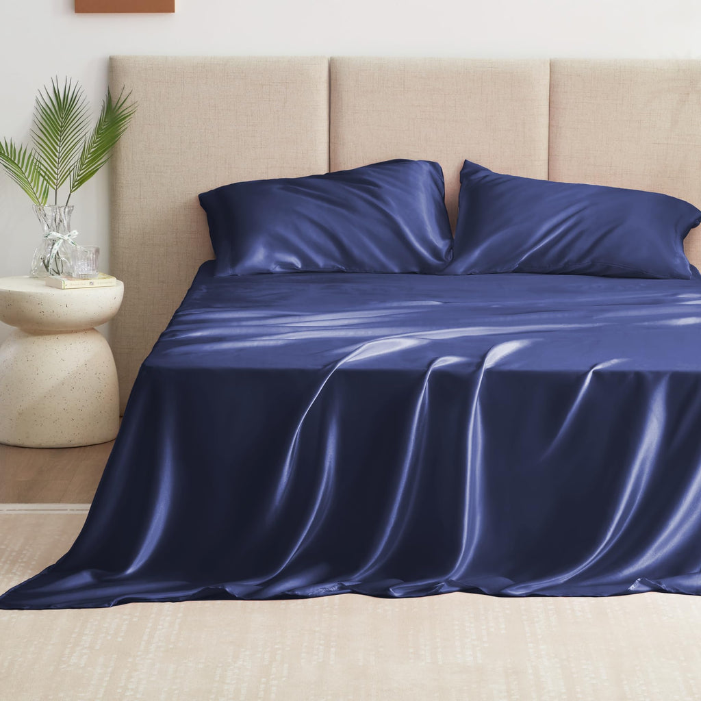 Love'S Cabin Satin King Sheet Sets - 4 Piece Navy Blue Silky Satin Sheets King Size Bed Set With Deep Pocket, Luxury Silk Feel King Size Satin Sheet Set (1 Flat Sheet,1 Fitted Sheet,2 Pillow Cases)