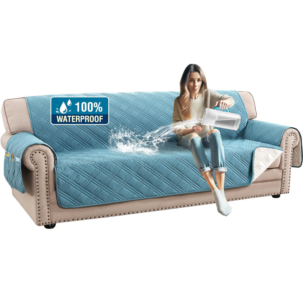 H.Versailtex 100% Waterproof Sofa Covers For 3 Cushion Couch Modern Sofa Cover For Dogs Xl Couch Covers For Oversized Sofa With Elastic Straps (Oversized Sofa, Smoke Blue/Beige)