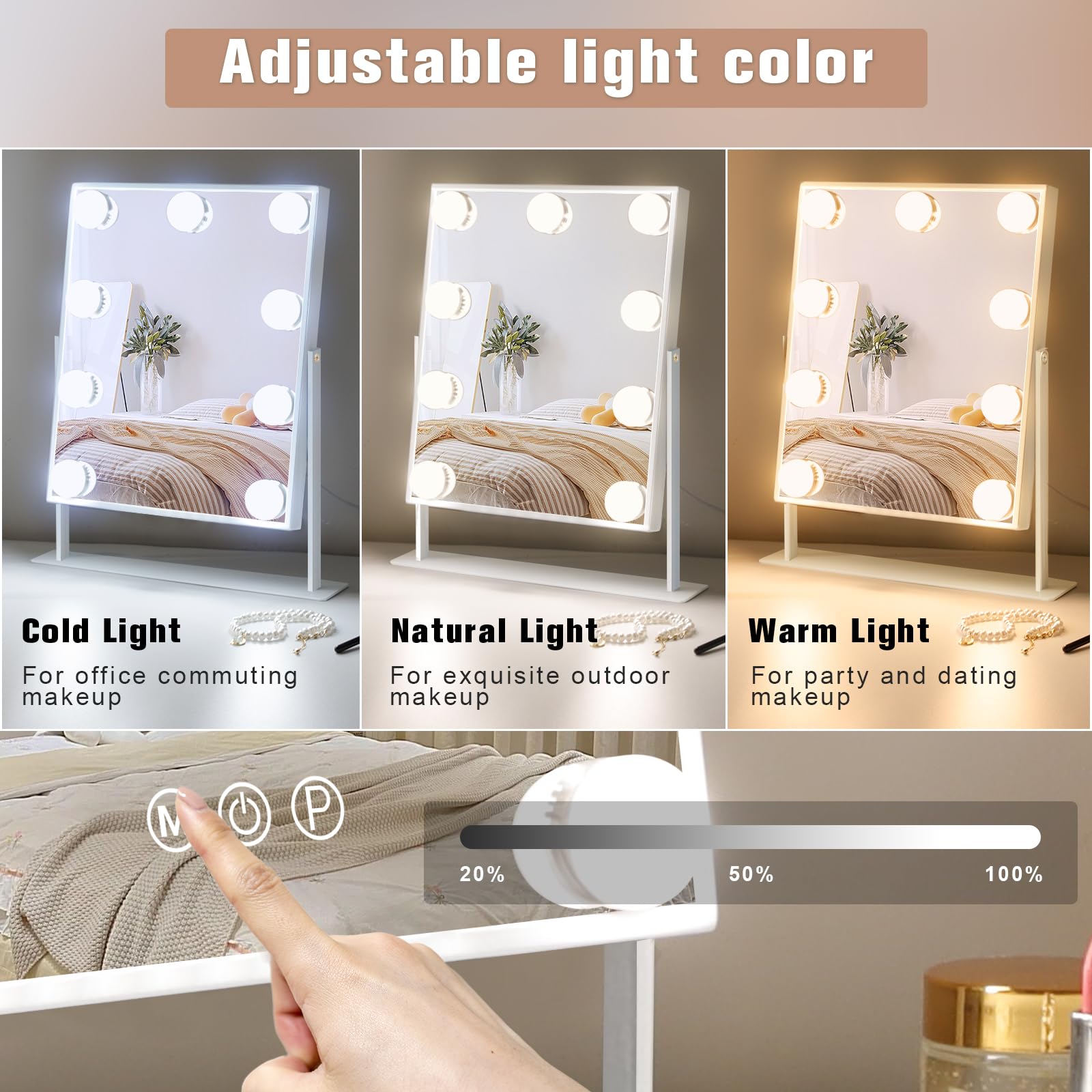 Leishe Vanity Mirror With Lights Hollywood Lighted Makeup Mirror With 9 Dimmable Bulbs & 3 Color Lighting Modes, Detachable 10X