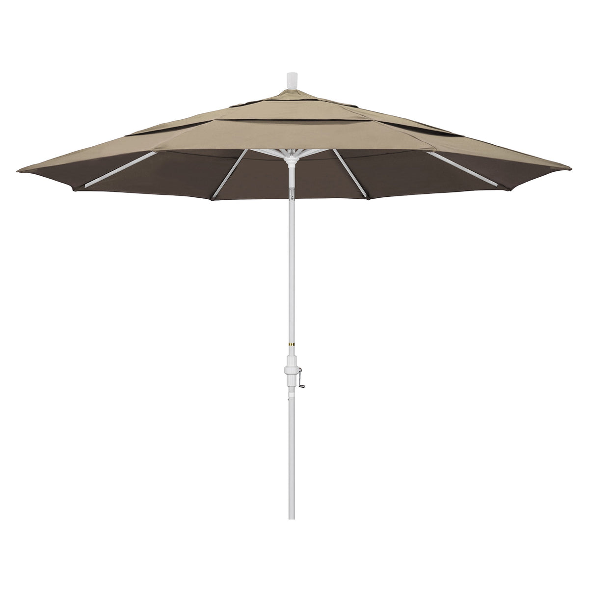 California Umbrella 11' Round Aluminum Market Umbrella, Crank Lift, Collar Tilt, White Pole, Sunbrella Taupe