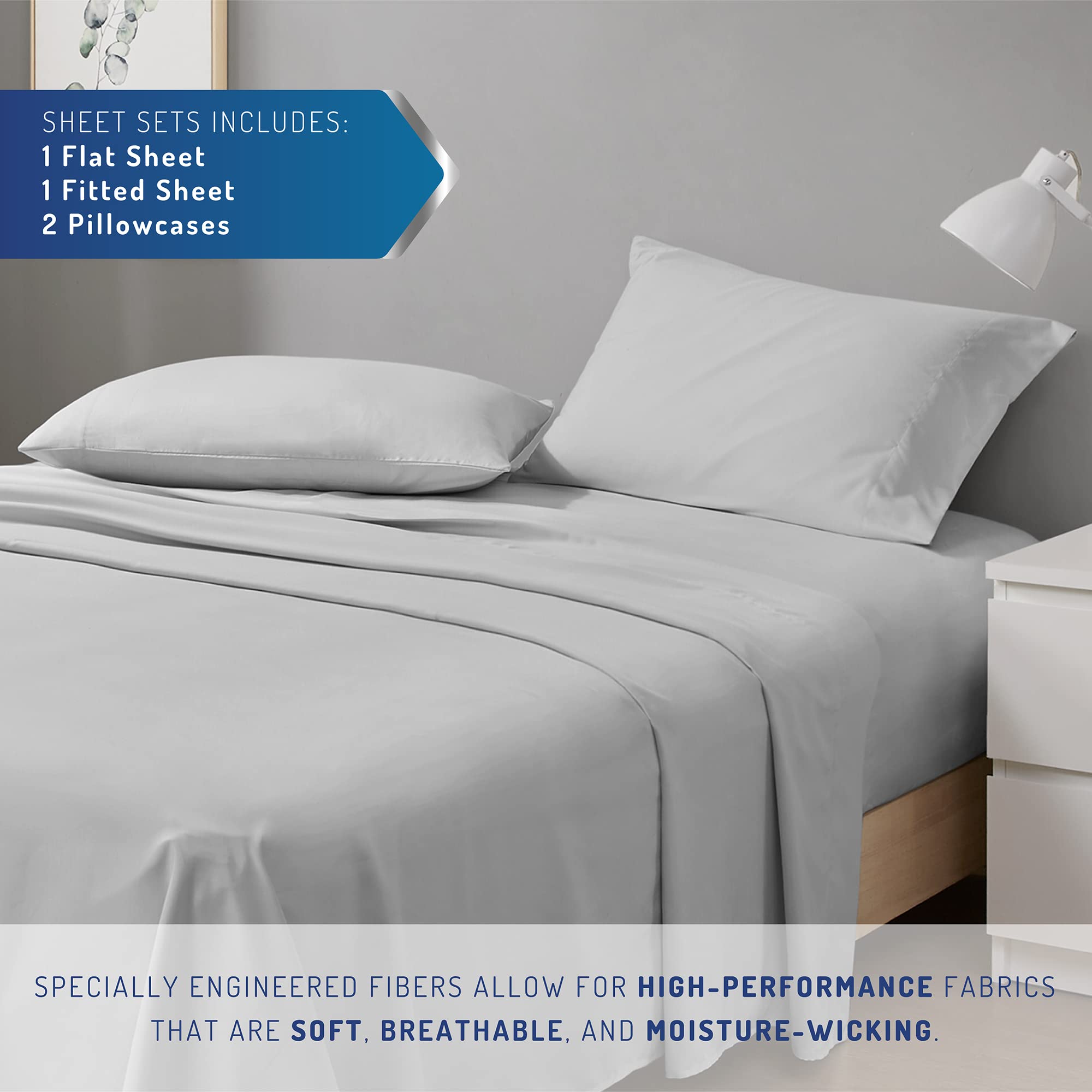 Degrees Of Comfort Coolmax Cooling Sheets | Queen Size Bed Sheet Set For Hot Sleepers | Soft Fabric With Deep Pocket, Light Grey 4Pc