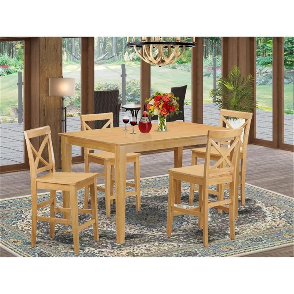 East West Furniture CAPU5H-OAK-W 5 Piece Counter Height Pub Set Includes a Rectangle Dining Table and 4 Dining Room Chairs, 36x60 Inch, Oak