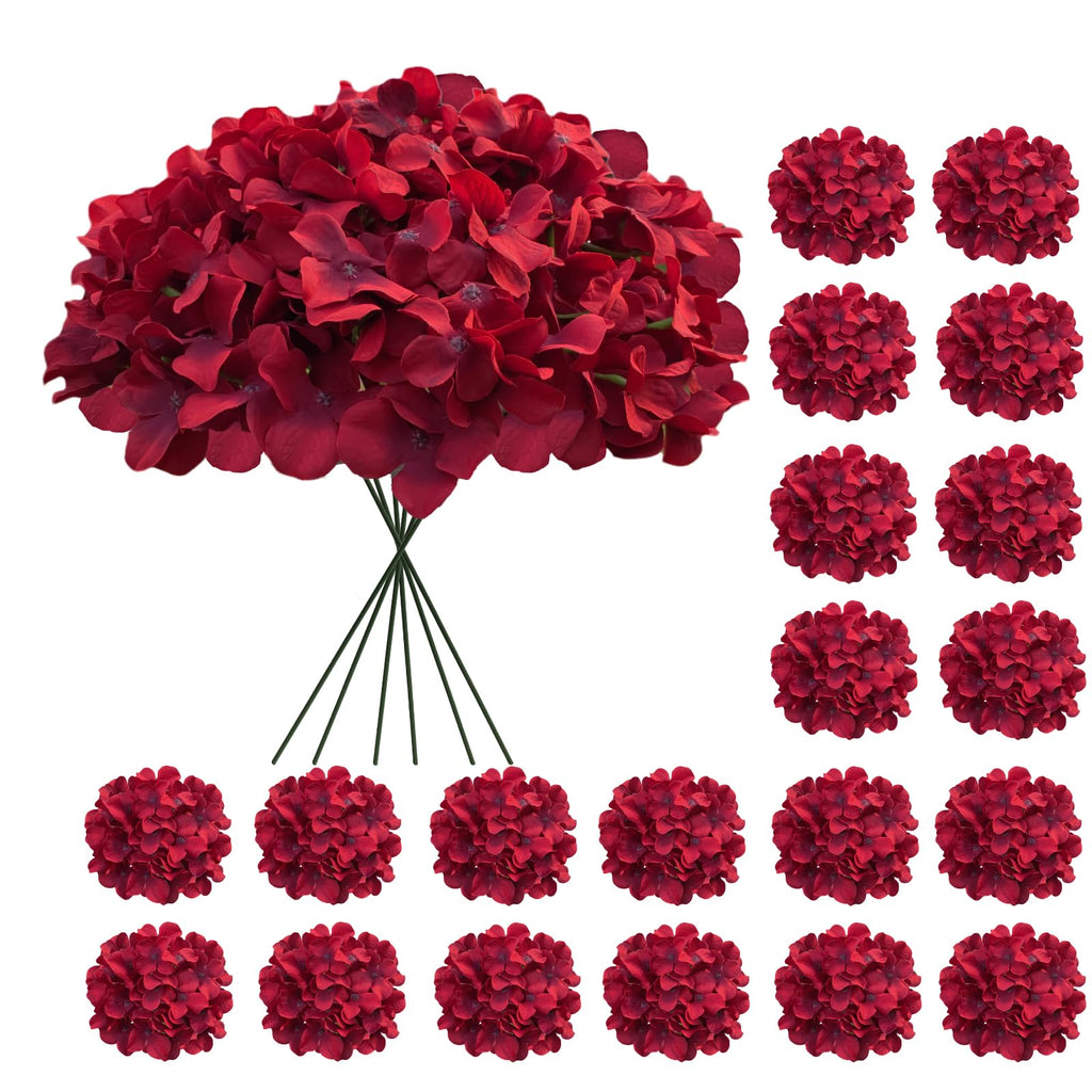 Cherica 20 Pcs Dark Red Hydrangea Artificial Flowers Bulk, Faux Hydrangea Flowers Heads, Artificial Fake Silk Hydrangea Flowers 