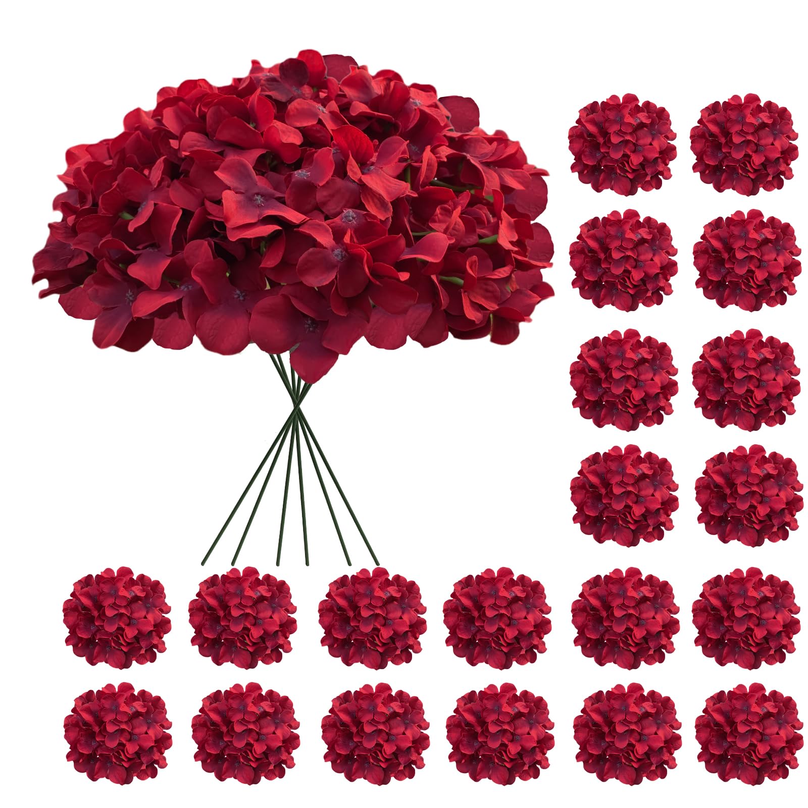 Cherica 20 Pcs Dark Red Hydrangea Artificial Flowers Bulk, Faux Hydrangea Flowers Heads, Artificial Fake Silk Hydrangea Flowers 