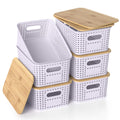 ZFTMRR Plastic Storage Baskets with Bamboo Lids, Stackable Small Box Bins for Organizing and Containers for Shelves Drawers Desk