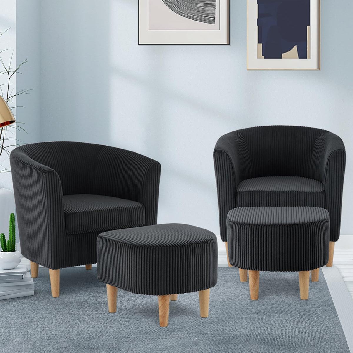 Dazone Accent Chairs Set Of 2, Barrel Chair With Ottoman Comfy Armchair Corduroy Living Room Chairs Mid Century Modern Chair Uph