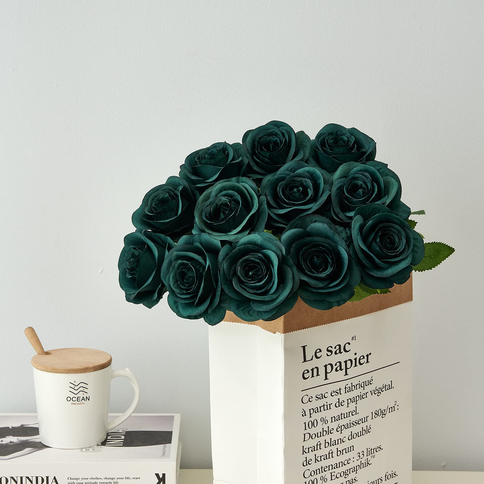 Helera 12Pc Peacock Green Roses Artificial Flowers Fake Roses Silk Flowers Roses With Long Stems For Wedding Home Party Centerpi