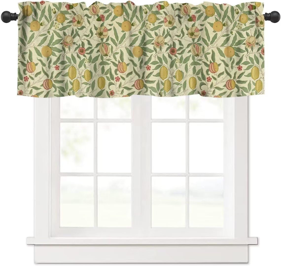 Shelifestyle Vintage Floral Window Valance Curtain, William Morris Retro Pomegranate Boho Flower Botanical Plant Window Treatmen