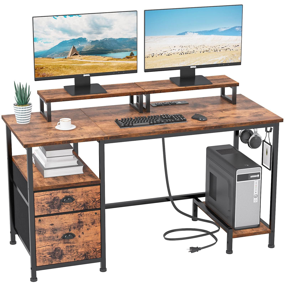 Furologee Computer Desk With Drawer And Power Outlets, 47' Office Desk With 2 Monitor Stands And Fabric File Cabinet, Writing Gaming Table With Shelves And 2 Hooks For Home Office, Rustic Brown