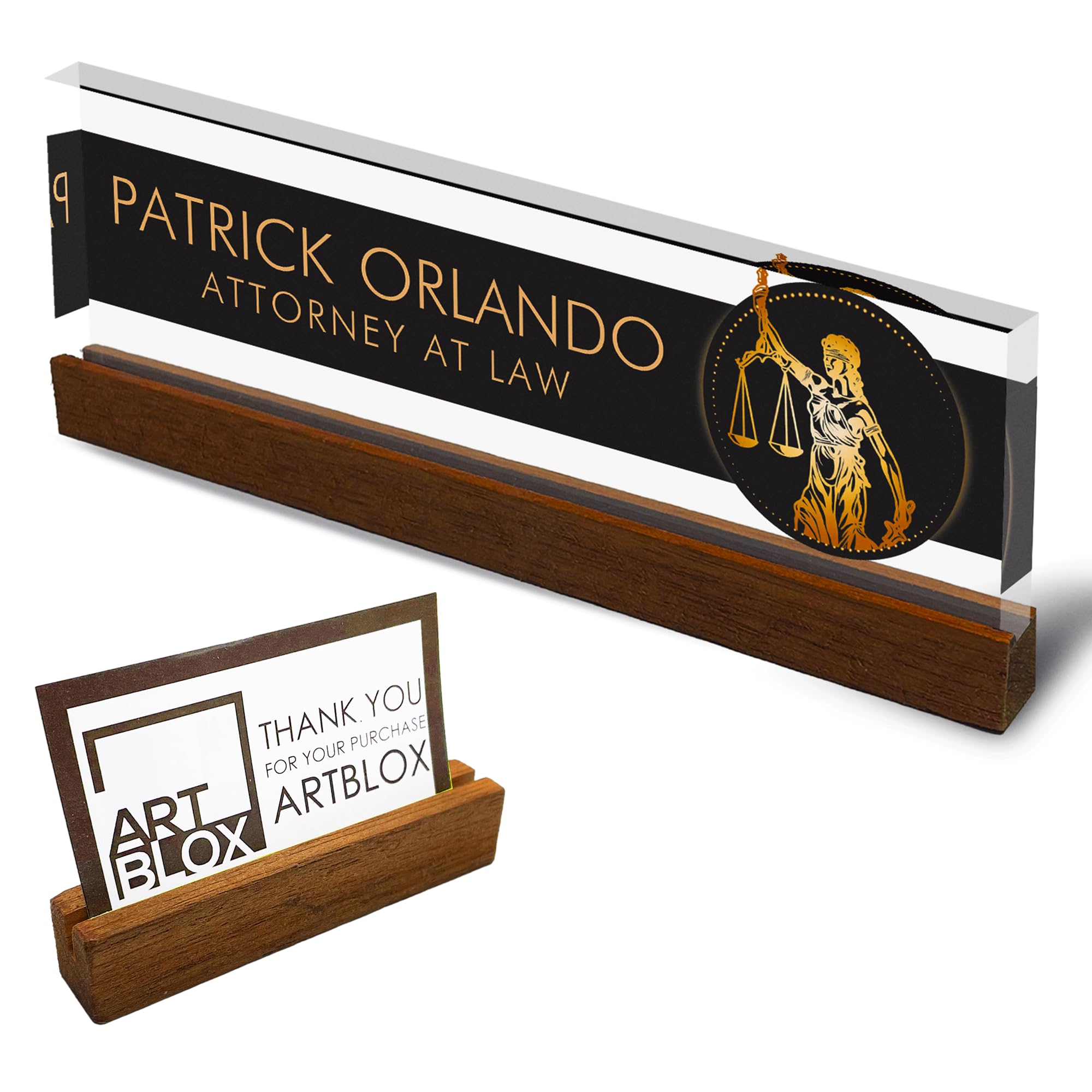 Artblox Personalized Office Desk Name Plate And Business Card Holder | Clear Acrylic Glass With Teak Wood Stand | Lawyer Design