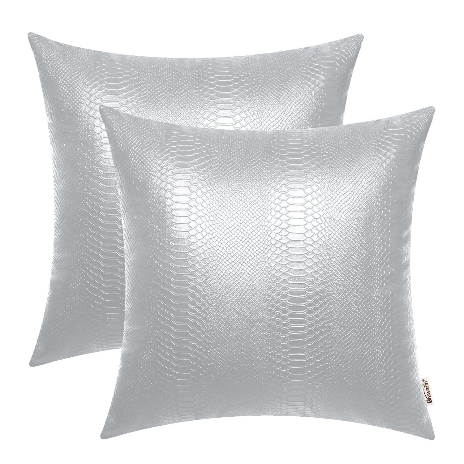 Brawarm Silver Leather Throw Pillows 22 X 22 Inches, Snake Leather Pillow Covers Pack Of 2, Faux Leather Decorative Pillow Cover