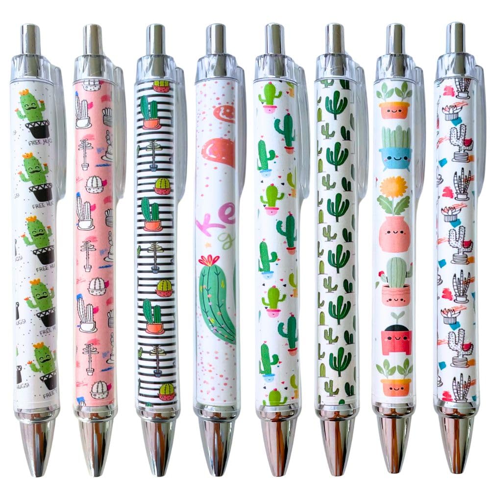 8PC Cactus Pens Ballpoint Writing Pen Black Ink for School Classroom Office Desk Decor Supplies Decoration Theme Notebook Journa