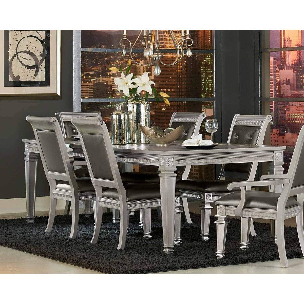 Benjara Wooden Dining Table with Extension Leaf, Silver