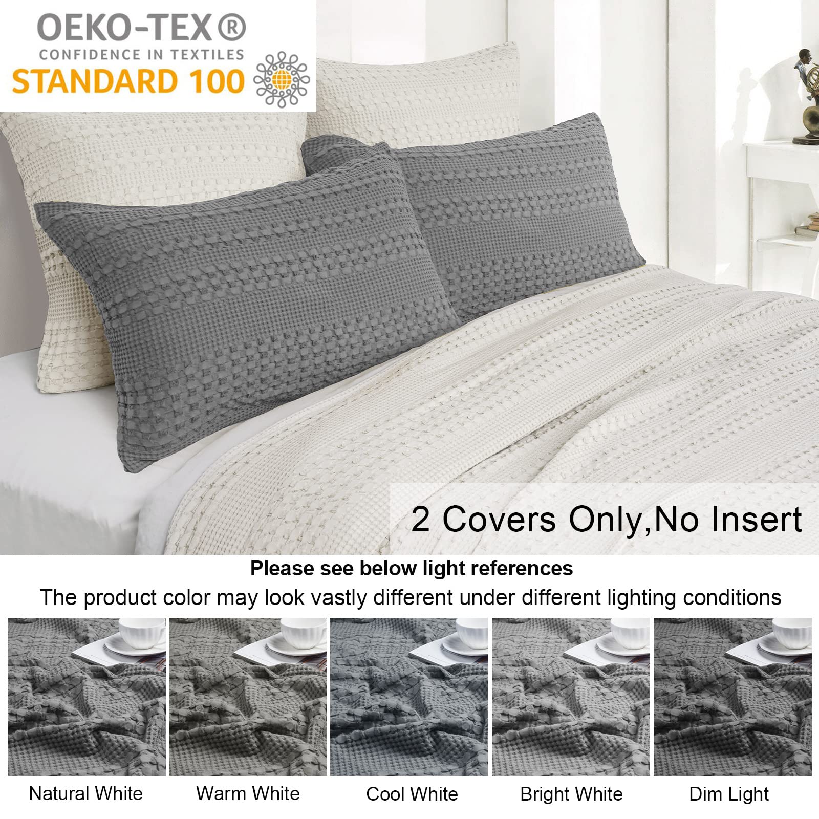 Phf 100% Cotton Waffle Pillowcases Queen Size, 2 Pack Soft Breathable Skin-Friendly Pillow Sham, Decorative Waffle Weave Pillow