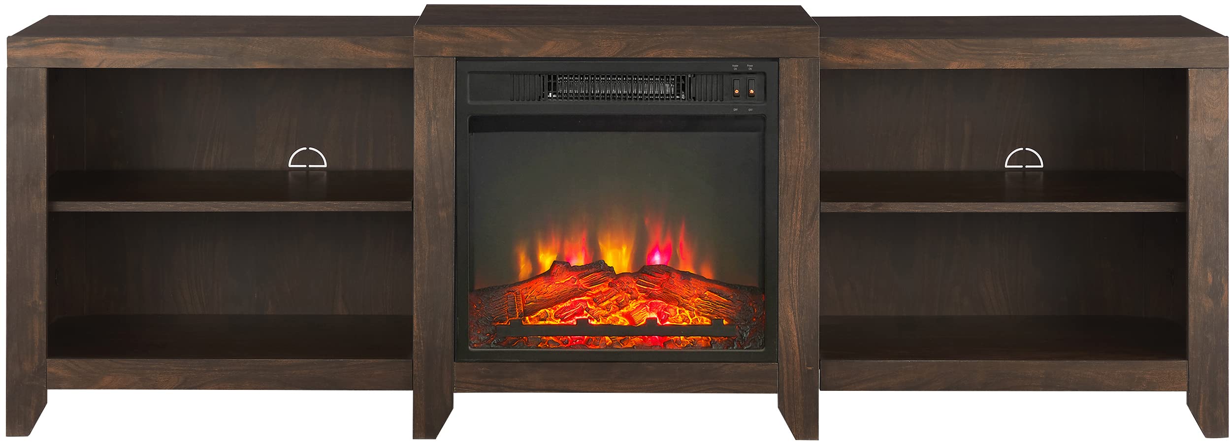 Crosley Furniture Ronin Low Profile Fireplace TV Stand for 75+ inch TVs, Entertainment Center with Shelves, Dark Walnut