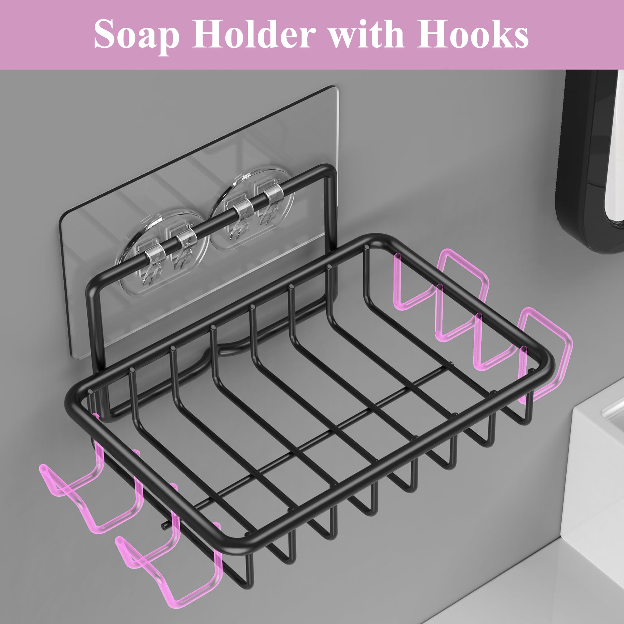 Ailibuligo Adhesive Soap Bar Holder Dish For Shower Wall With Hooks, Black, 4 Pack