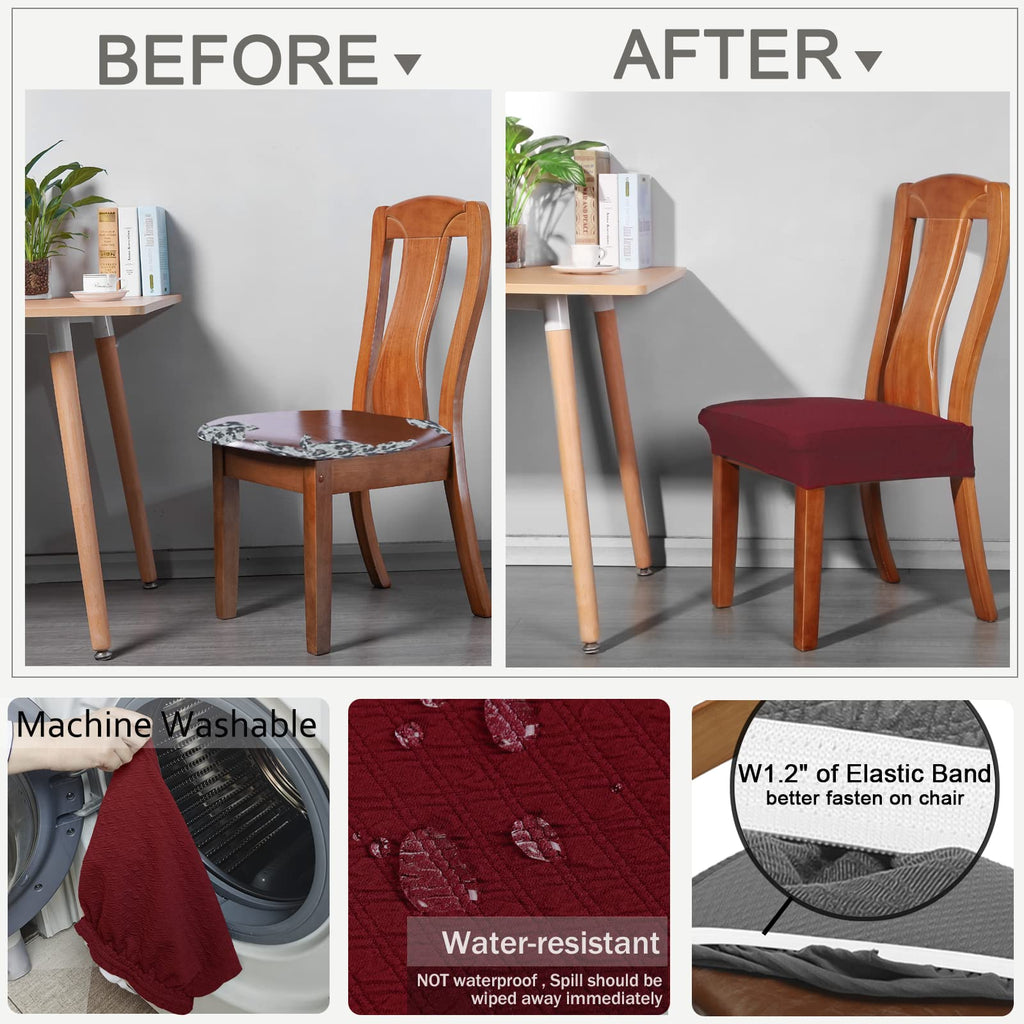Buyue Fast Installation Dining Room Chair Covers Set Of 4, Luxury Stretch Jacquard Seat Slipcovers For Kitchen Armless Chairs, Rear Gapped- Burgundy- 4