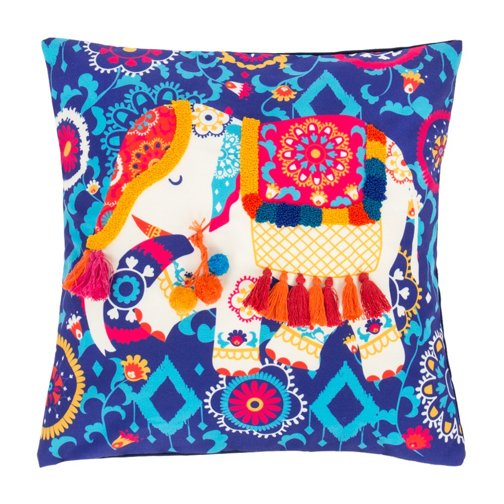 Chumbak Polyester Regal Elephant Cushion Cover (Blue, 16Inch)