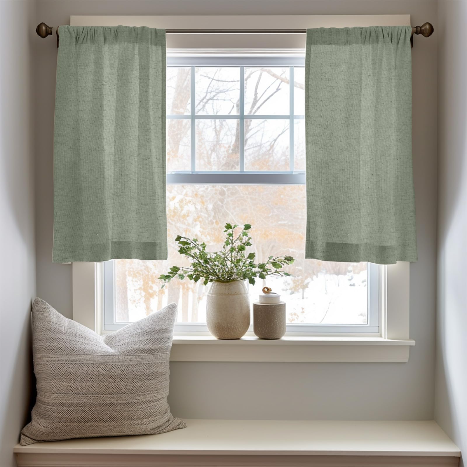 Jinchan Linen Textured Tier Curtains 24 Inch For Kitchen Windows Country Farmhouse Cafe Small Curtains Rustic Light Filtering Half Curtains For Living Room Laundry Bathroom Rod Pocket 2 Panels Green