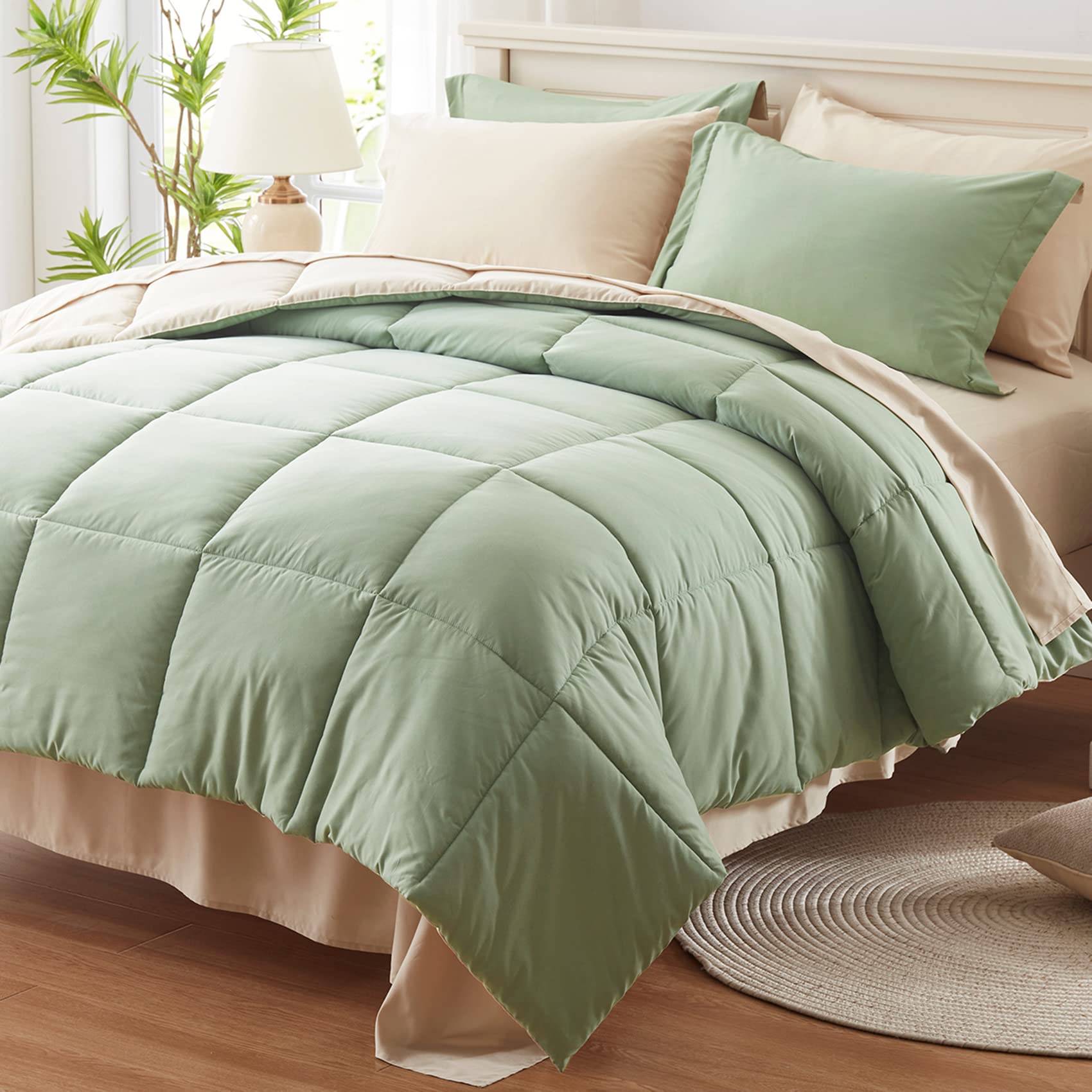 Anluoer Queen Size Bed In A Bag 7 Pieces, Sage Green Bed Comforter Set With Comforter And Sheets, All Season Bedding Sets With 1