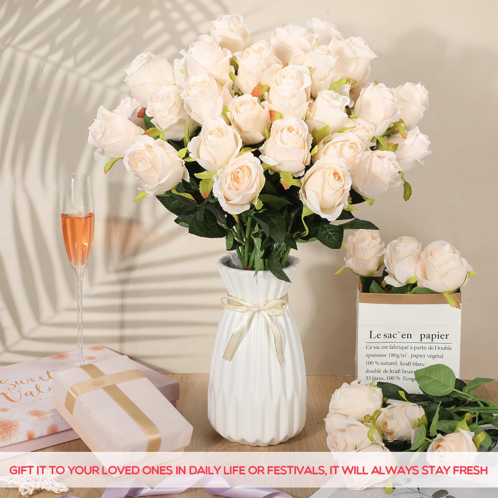 Jexine 50 Pcs Artificial Rose Flower Realistic Silk Roses With Stem Bouquet Of Flower Plastic Flower Real Looking Fake Rose For