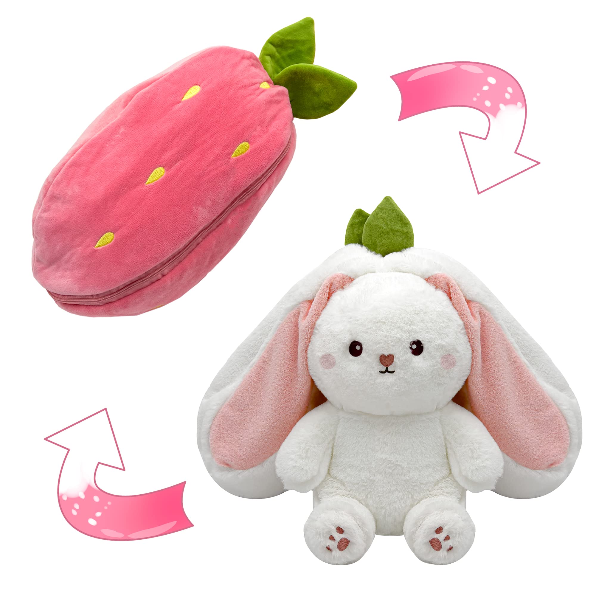 Youblek Bunny Stuffed Animal, Strawberry Reversible Cuddle Bunny Plush Doll With Zipper, Cute Soft Rabbit Toys Pillow For Kids A